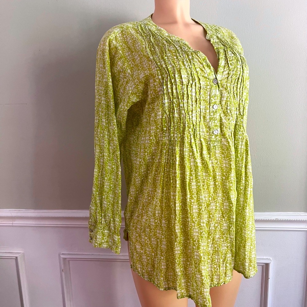 Rock Flower Paper Tunic Blouse Womens L Pintuck Cotton Chartreuse Green Boho - Picture 4 of 10